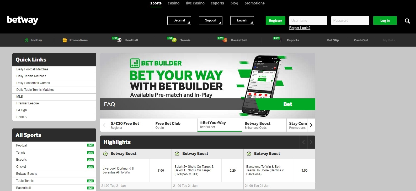 Betway Namibia main page